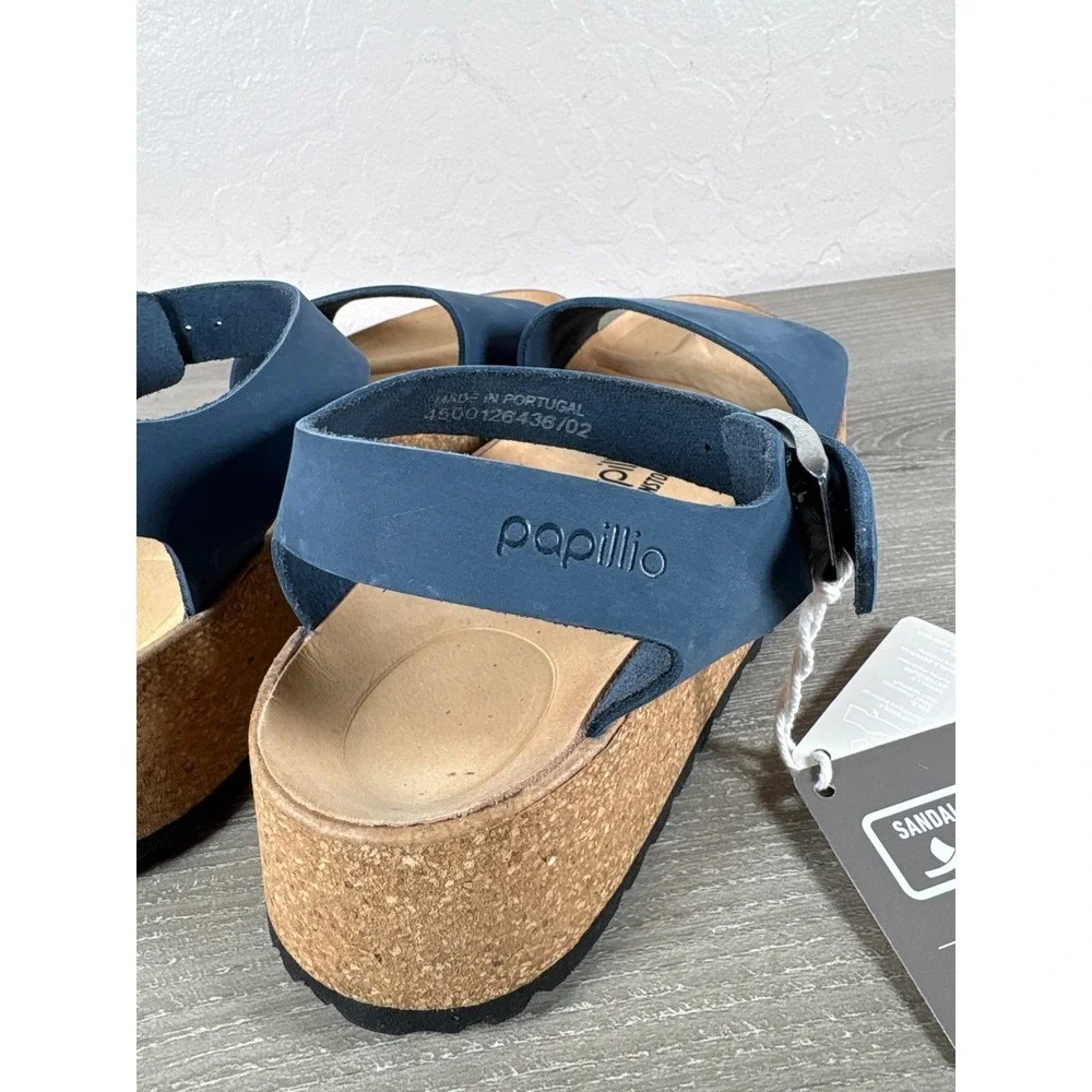 Papillio by Birkenstock Glenda Blue Nubuck Leather Platform Wedge Sandals 38 L7